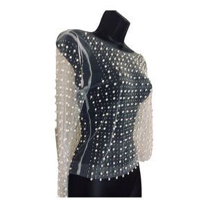 Cream Pearl Beaded rhinestone crystal sheer mesh long sleeve top size size Small